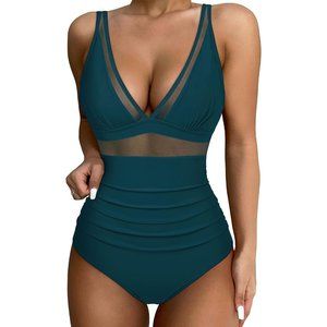 Women Peacock Blue Nylon Sexy Mesh Tummy Control Swimsuit